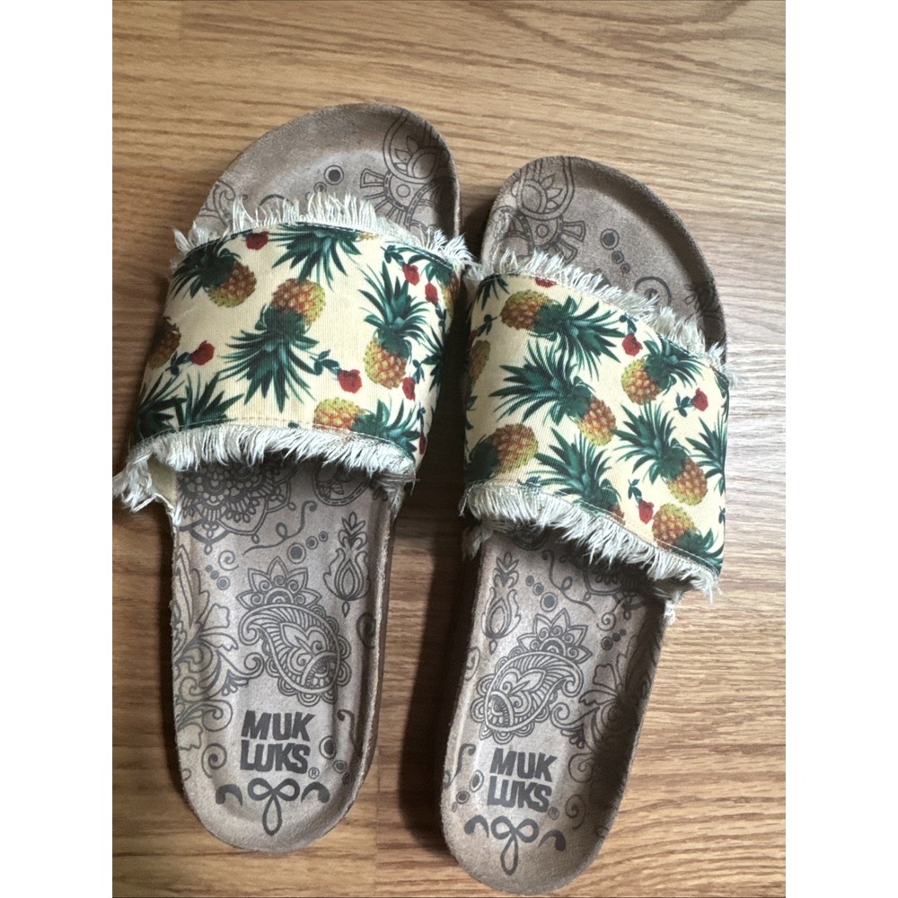 Muk Luks Sandal Slides Women's 9 Brooke‎ Flip Flop Pineapple Strap Fringe Trim